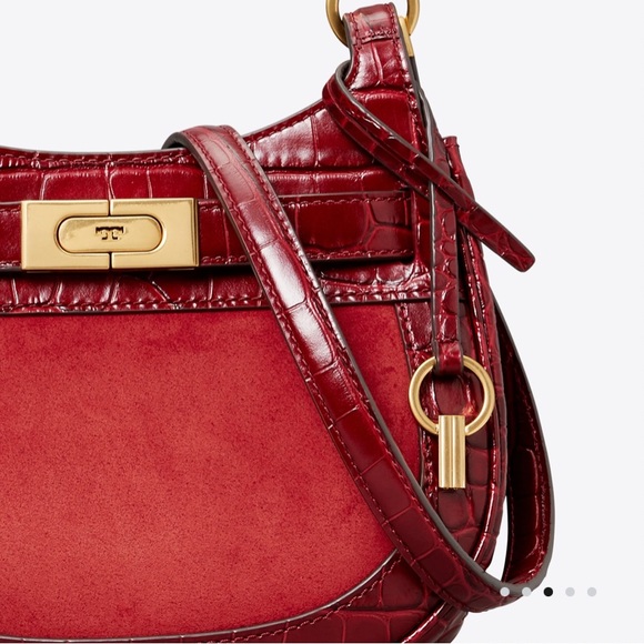 TORY BURCH LEE RADZIWILL SADDLE BAG CROC EMBOSSED LEATHER & SUEDE IN ROMA RED - Picture 3 of 13
